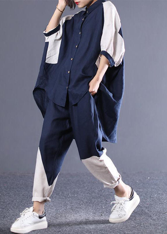 Navy Oversized Patchwork Cotton Two Pieces Set Batwing Sleeve