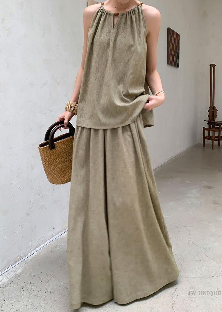 French Green Tops and Pants Linen Two Pieces Set Sleeveless
