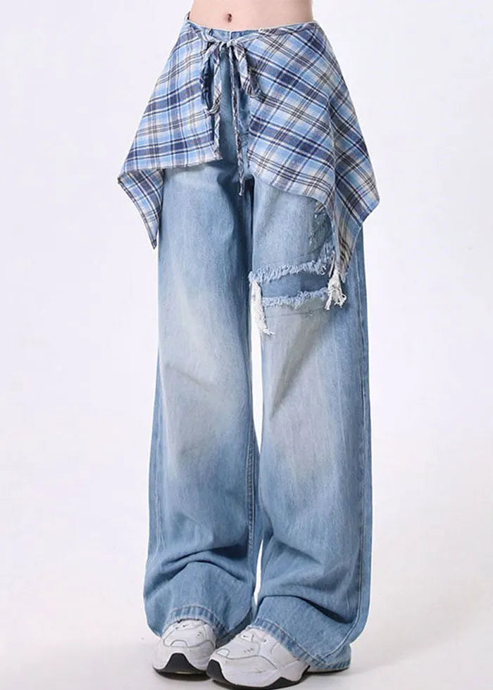 High Street Detachable Skirt Design Denim Wide Leg Pants Spring