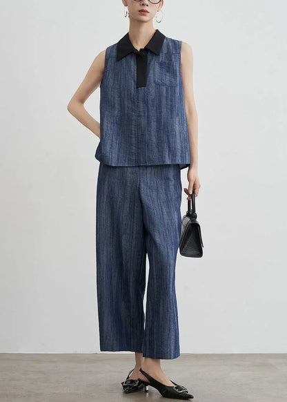 French Navy Peter Pan Collar Patchwork Denim Two Pieces Set Sleeveless