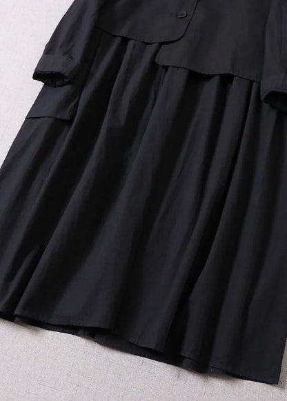 Loose Black Asymmetrical Pockets Cotton Two Pieces Set Dress + Vest Spring