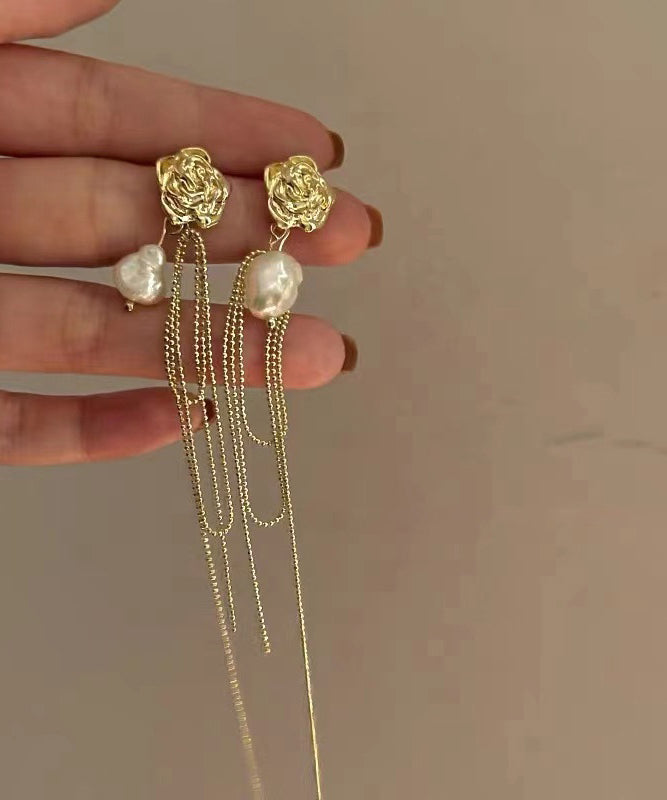 Gold Overgild Pearl Long Tassel Drop Earrings