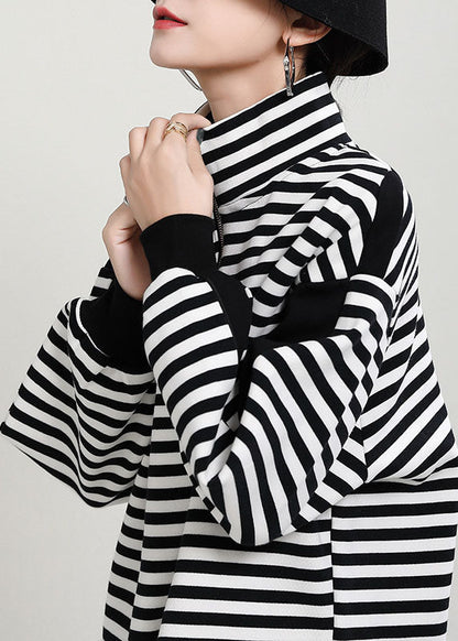 Unique Black White Striped Loose Zippered Patchwork Fall Long Sleeve Top