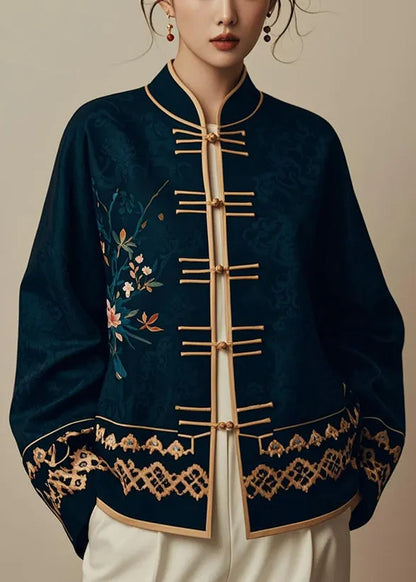 Navy Chinese Button Printsilk Coats Fall
