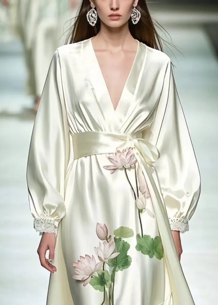 Milk White Tunic Lotus Flower Print Silk Dresses Spring