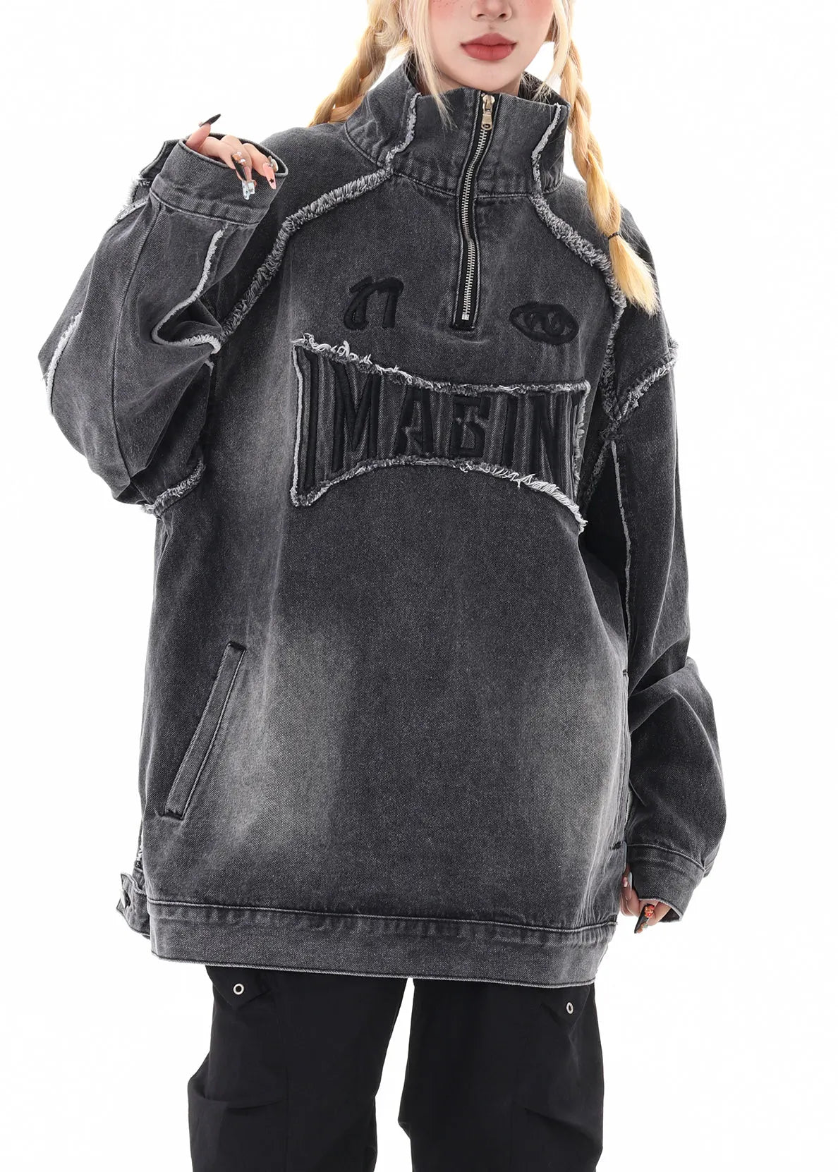 Grey Oversized Stand Collar Embroidered Denim Pullover Coats Spring