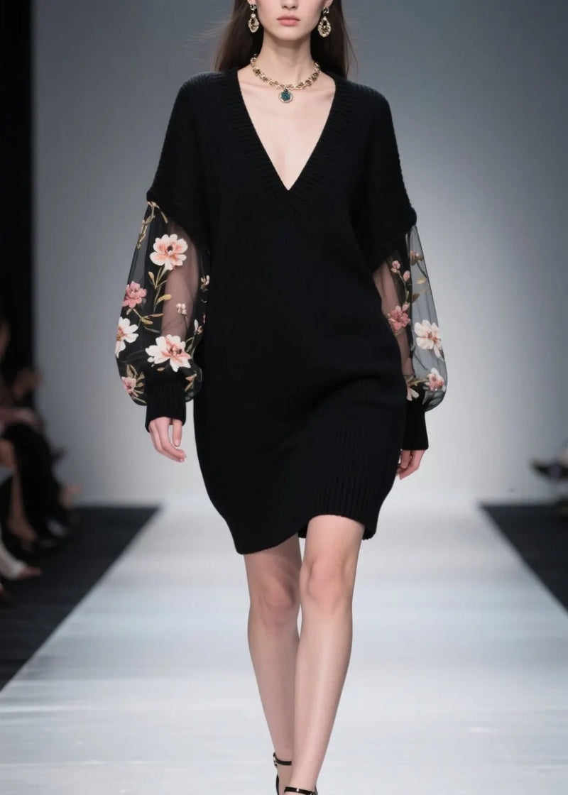 Italian Black Tulle Patchwork Knitwear Dress Fall