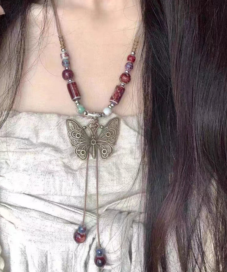 Red Alloy Gem Stone Butterfly Hollow Out Pendant Necklace