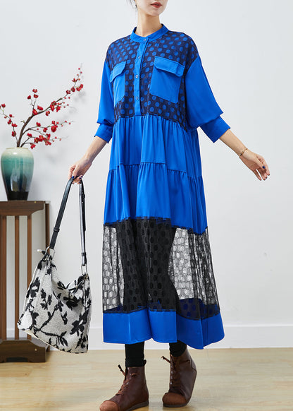 Blue Stand Collar Patchwork Lace Cotton Dress Fall
