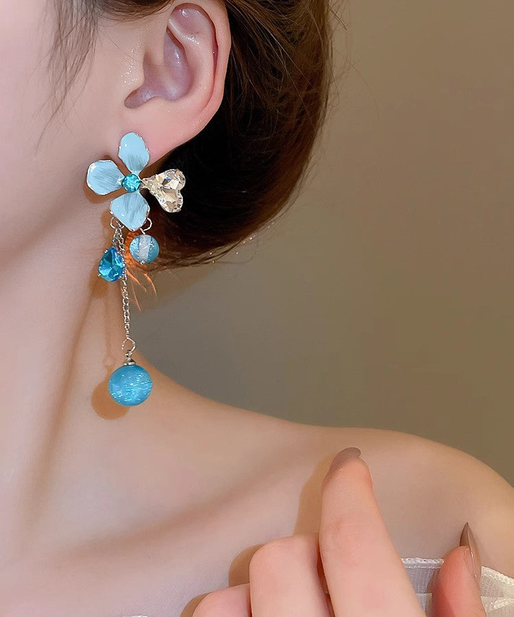 Blue Srerling Silver Alloy Zircon Resin Tassel Drop Earrings