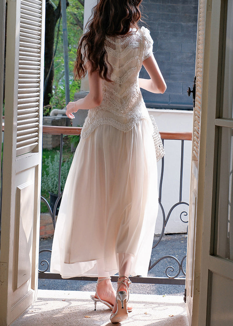 Slim Fit Beige Original Design Tulle Long Dress Summer
