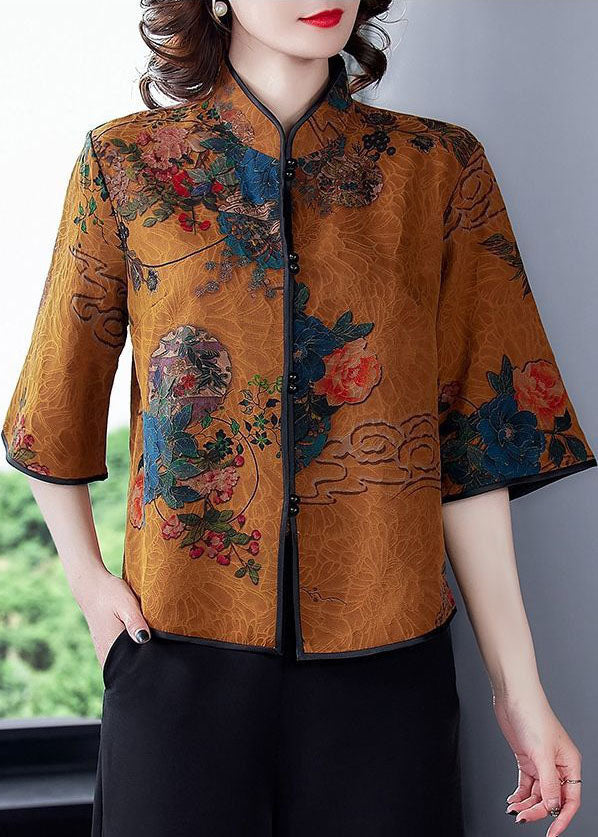 Khaki Stand Collar Print Silk Blouse Top Half Sleeve