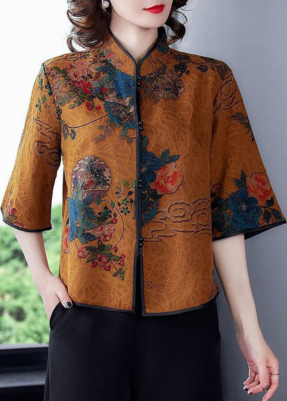 Khaki Stand Collar Print Silk Blouse Top Half Sleeve