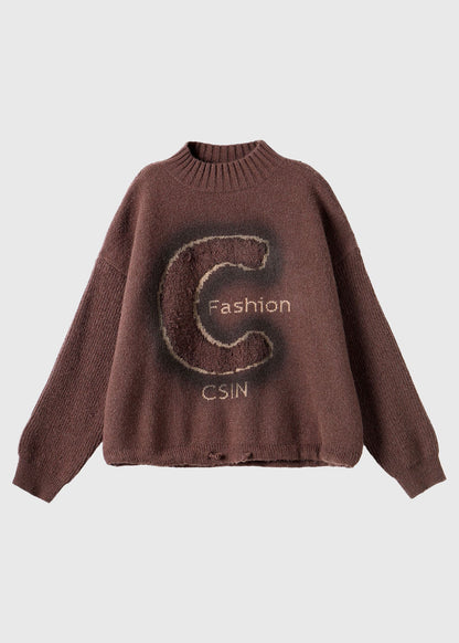 Coffee Turtleneck Alphabet Print Thick Cotton Knit Sweaters Long Sleeve