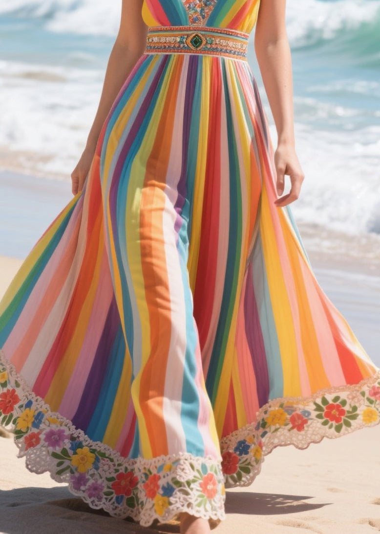 Rainbow V Neck Striped Chiffon Spaghetti Strap Dress Summer