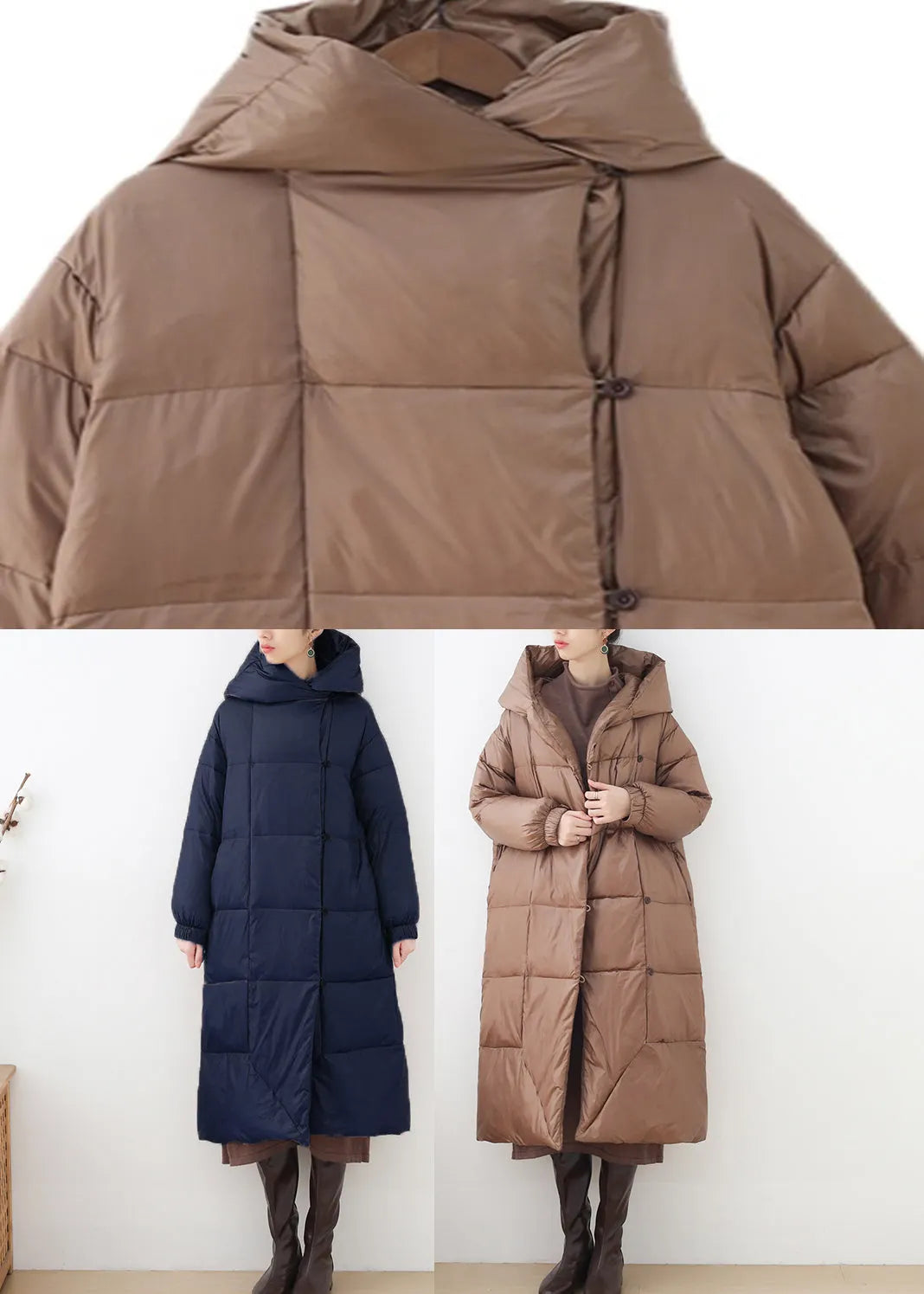 Khaki Button Hooded Down Coat Long Sleeve