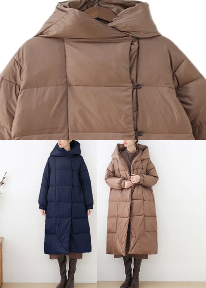 Khaki Button Hooded Down Coat Long Sleeve