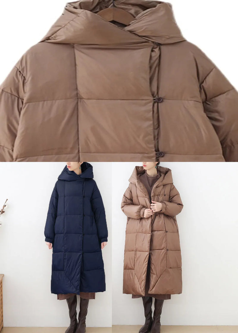 Khaki Button Hooded Down Coat Long Sleeve