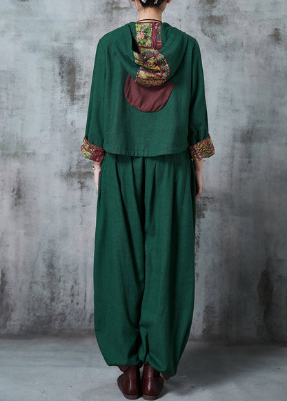Green Chinese Button Patchwork Cotton Two Piece Set Spring