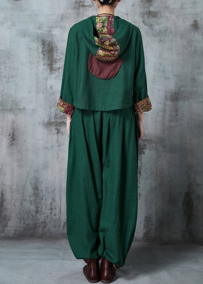 Green Chinese Button Patchwork Cotton Two Piece Set Spring