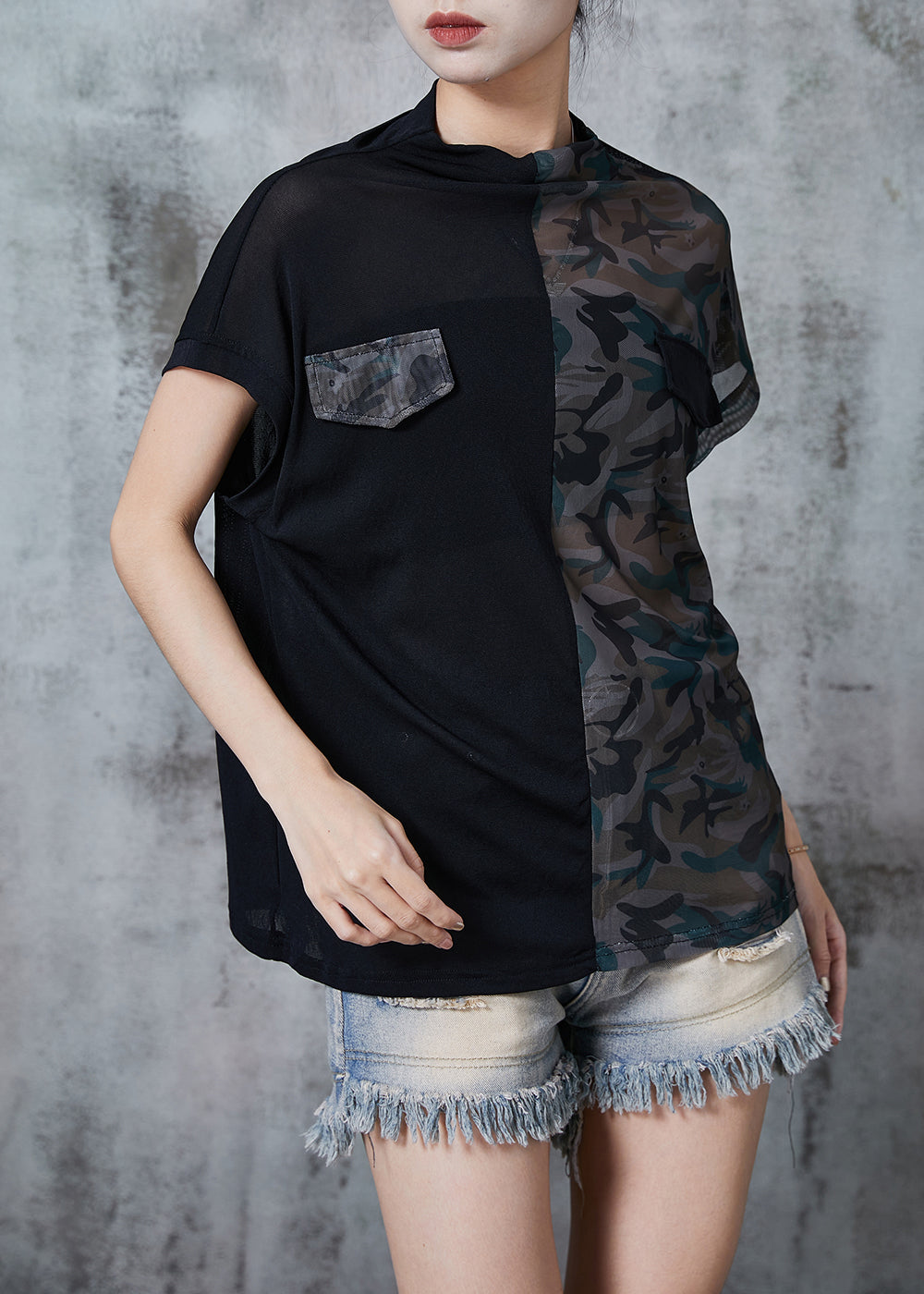 Black Stand Collar Patchwork Camouflage Tulle Tanks Summer