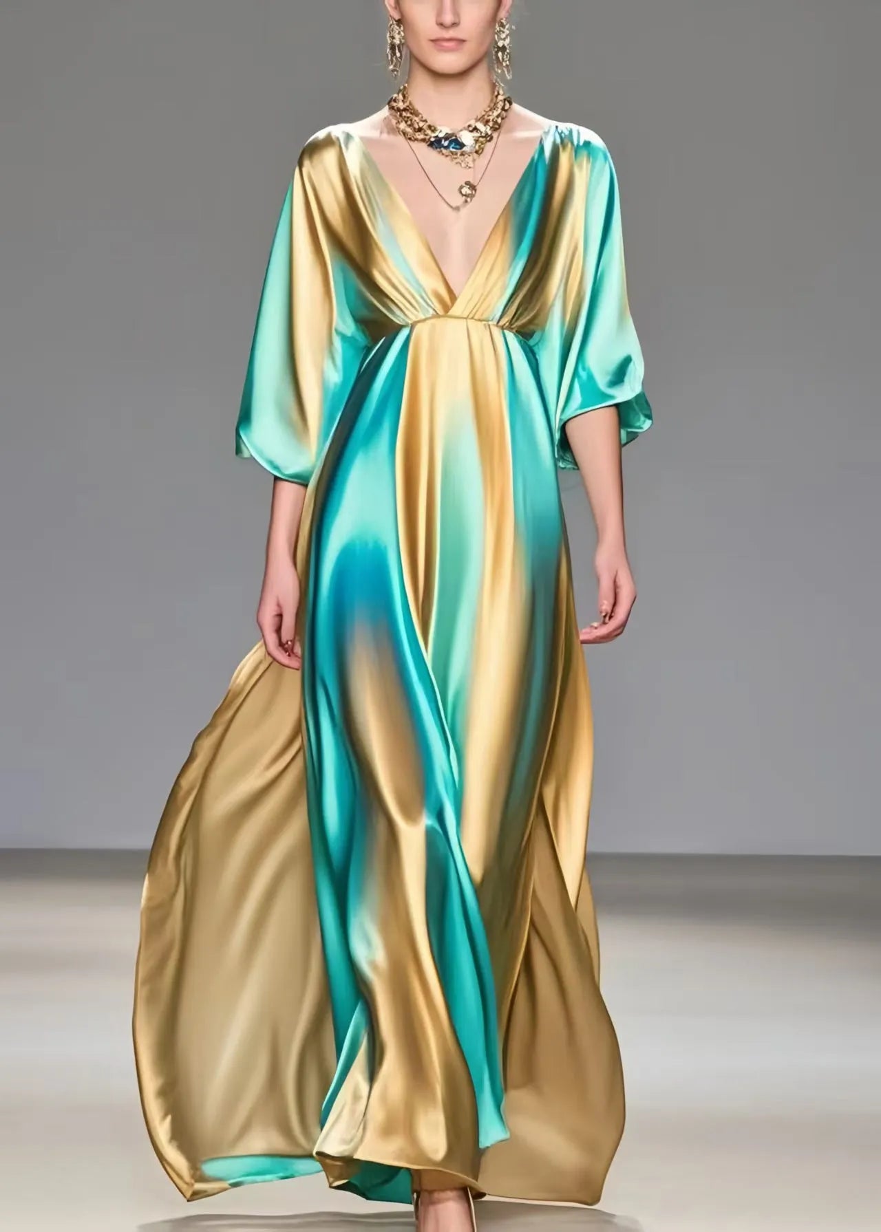 Modern Colorblock V Neck Tie Dye Silk Vacation Dresses Summer