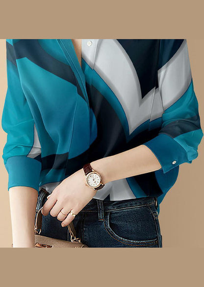 Blue Button Peter Pan Collar Print Shirt Top Long Sleeve