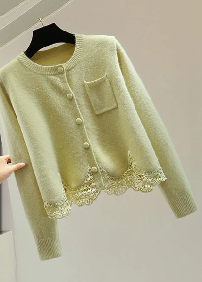 Light Green O-neck Lace Patchwork Cotton Knit Cardigan Spring