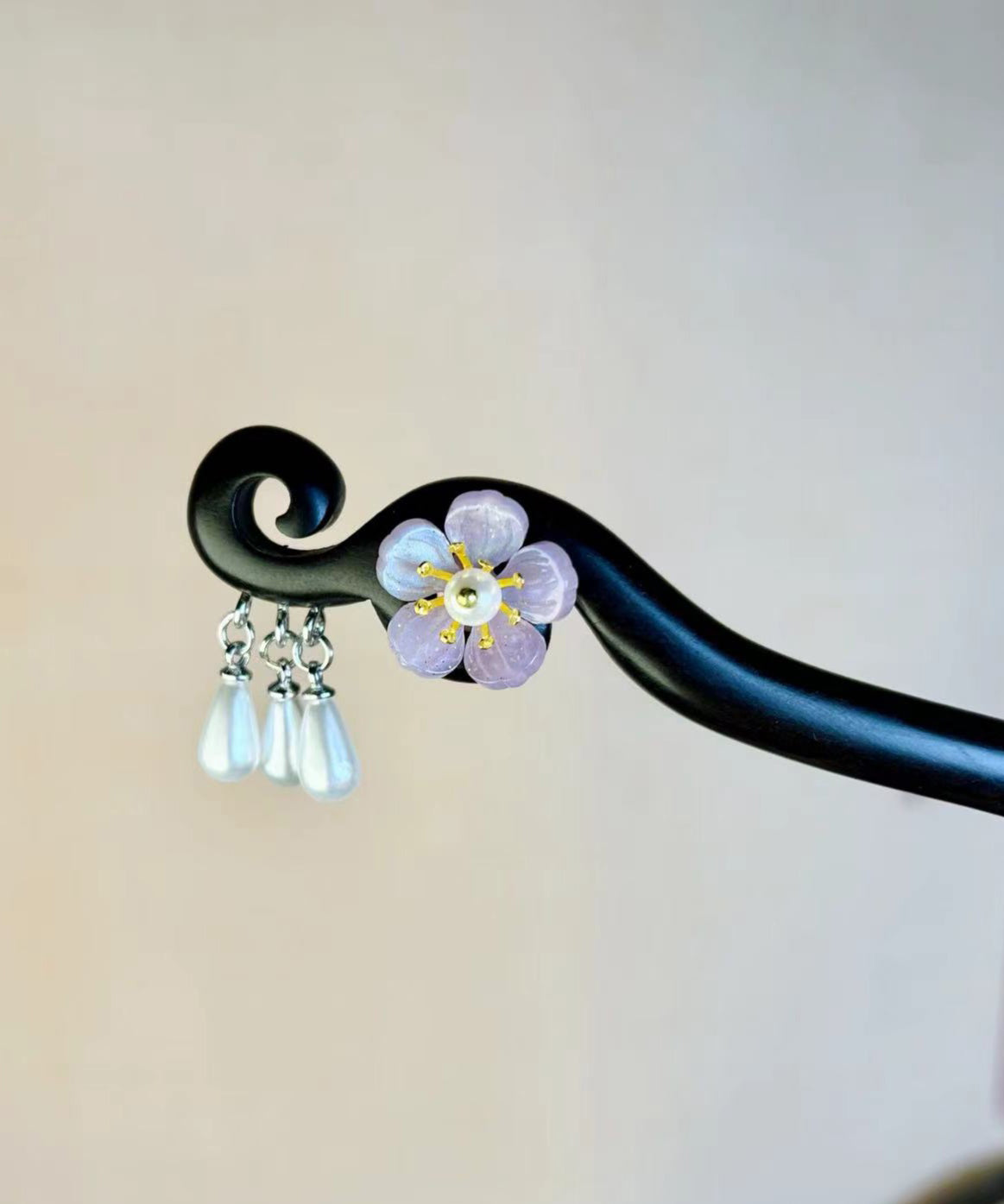 Chinese Style Purple Wooden Pearl Tassel Hairpin