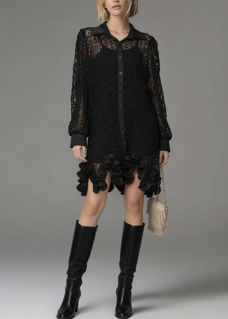 Black Peter Pan Collar Hollow Out Lace Shirt Tops Spring
