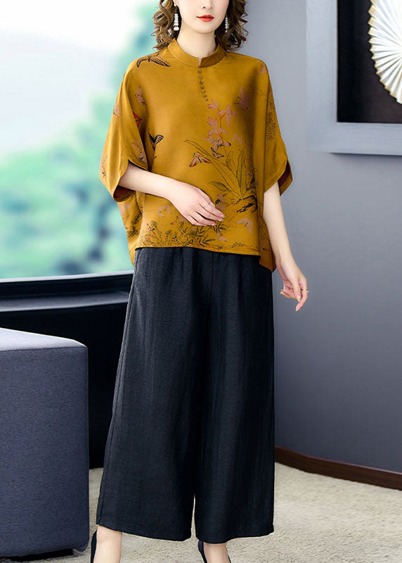 Loose Yellow Stand Collar Print Silk Two Piece Set Clothing Batwing Sleeve