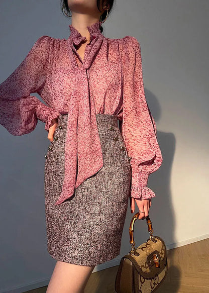 Boutique Light Purple O-neck Tassel Button Cotton Coats and Skirts Two-piece Set Fall