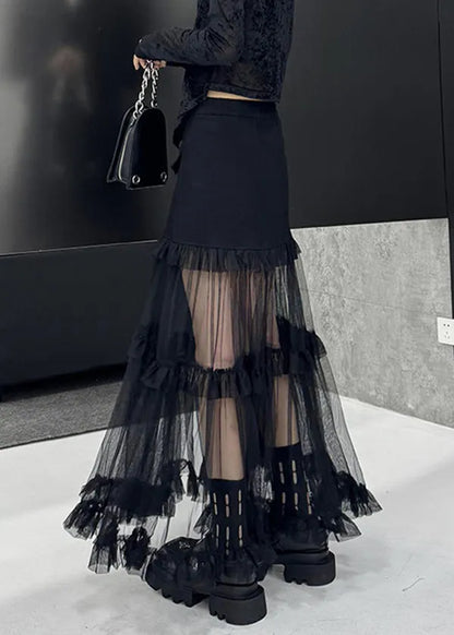 Original Design Black Ruffled Tulle Patchwork Denim Skirt Summer