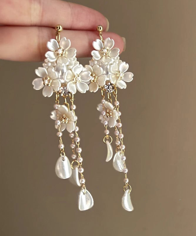 White Copper Overgild Pearl Tassel Drop Earrings