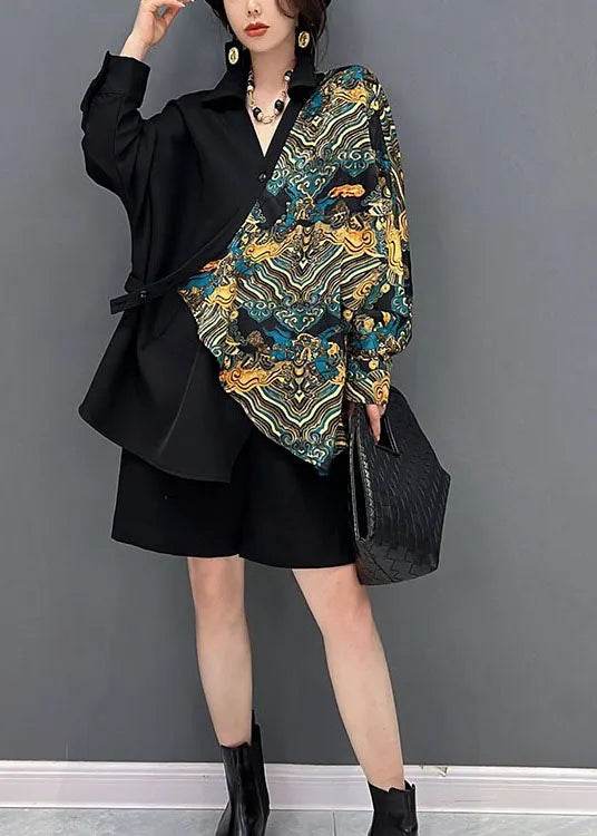 Diy Black Asymmetrical Patchwork Print Cotton Shirt Tops Batwing Sleeve
