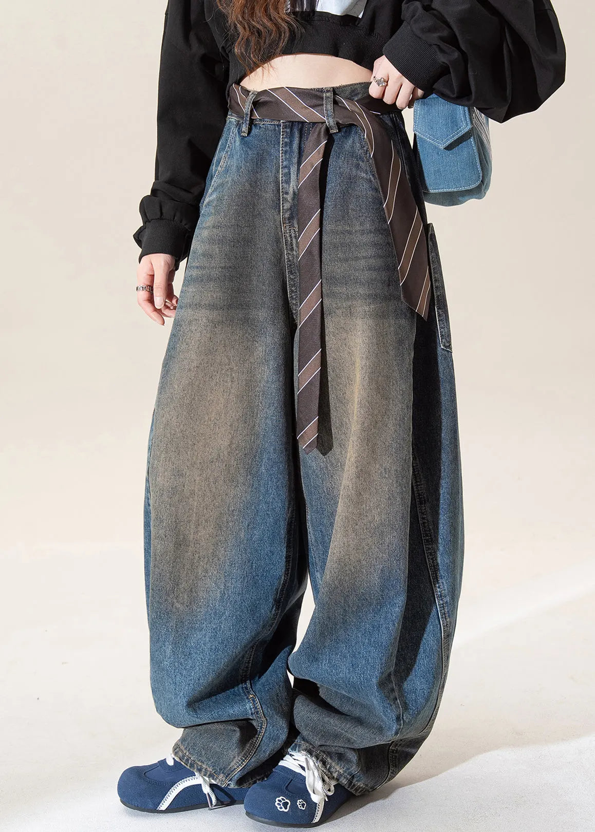 Dark Blue High Waist Pockets Wide Leg Jeans Spring