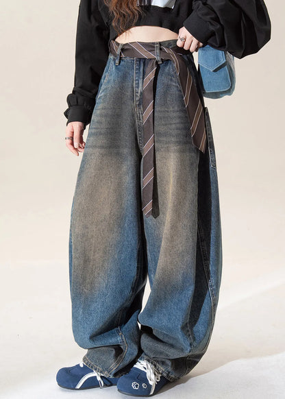 Dark Blue High Waist Pockets Wide Leg Jeans Spring