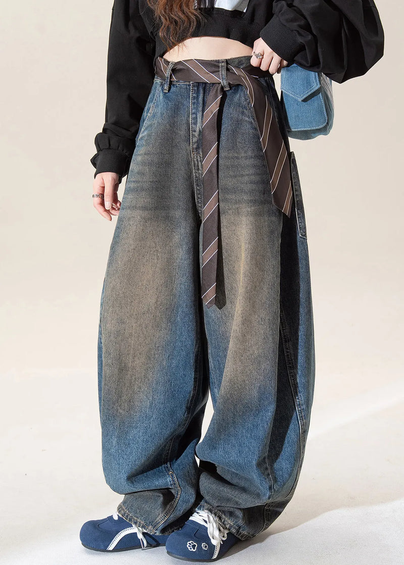 Dark Blue High Waist Pockets Wide Leg Jeans Spring