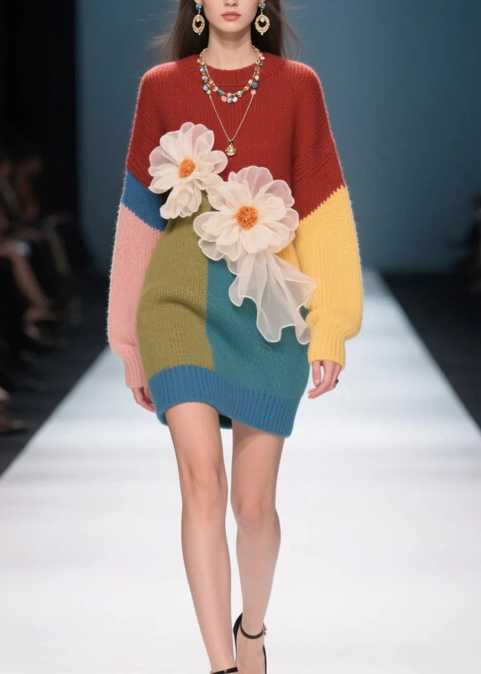 French Colorblock O Neck Knit Sweater Dress Fall
