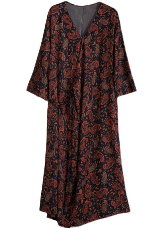 Italian Black Print Dresses V Neck Asymmetric Maxi Spring Dress