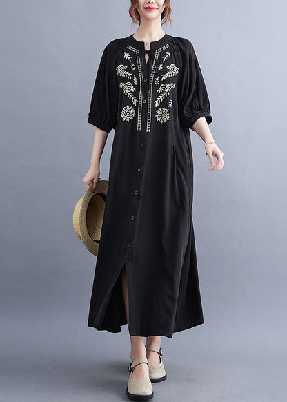 Black Embroideried Lace Up Cotton Maxi Dress Summer