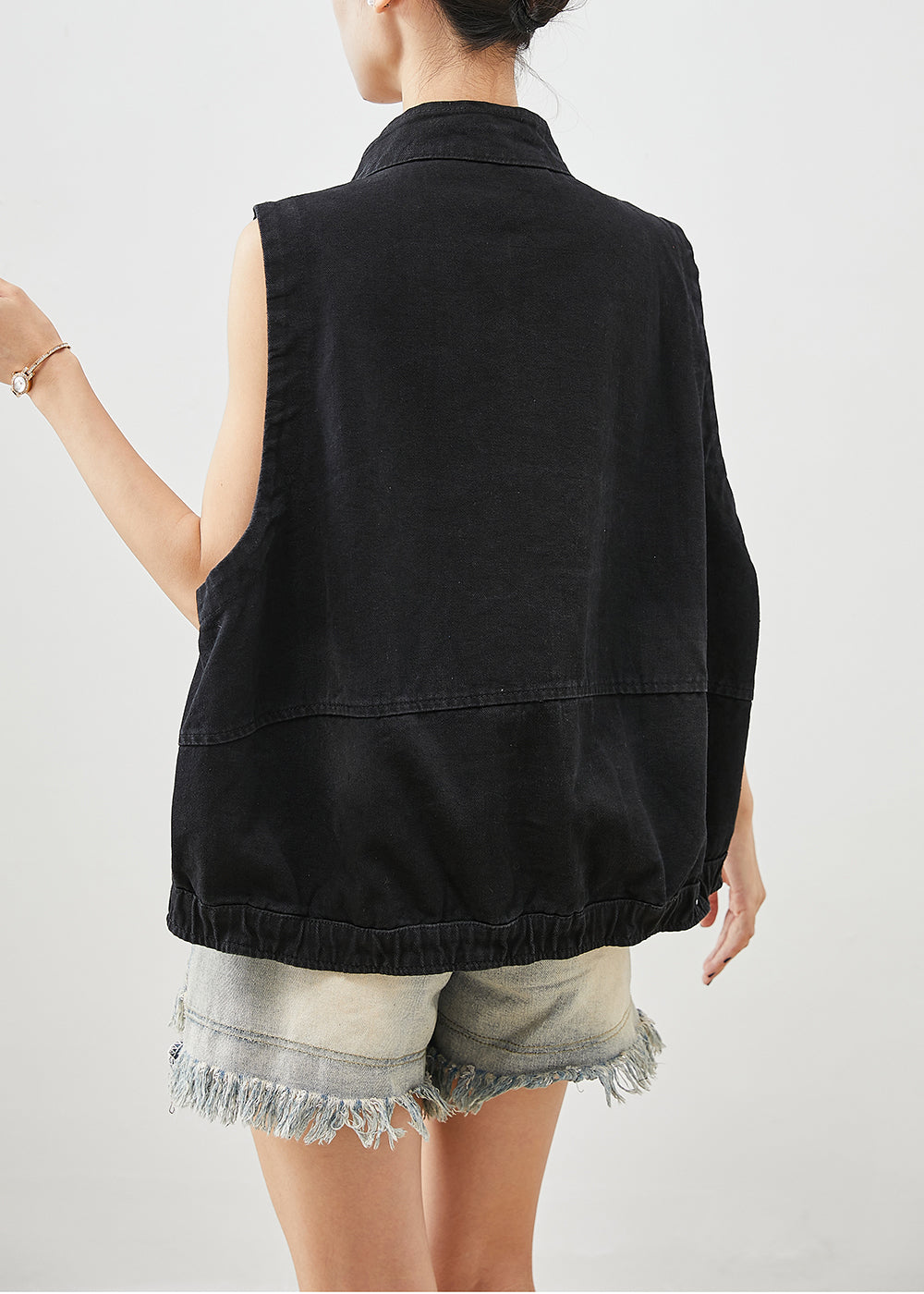 Black Stand Collar Zippered Denim Vest Fall
