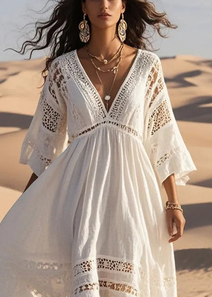 French White Oversized Hollow Out Cotton Dress Bracelet Sleeve Summer