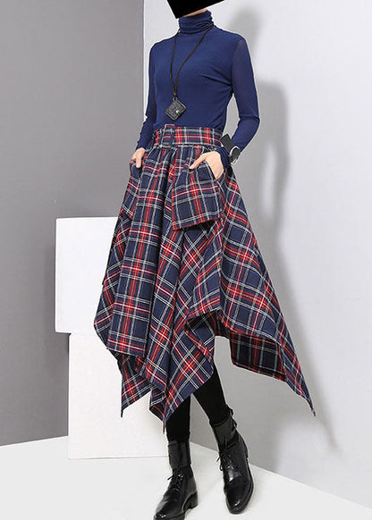 Dark Blue Tie Waist Asymmetrical a Line Skirts Spring
