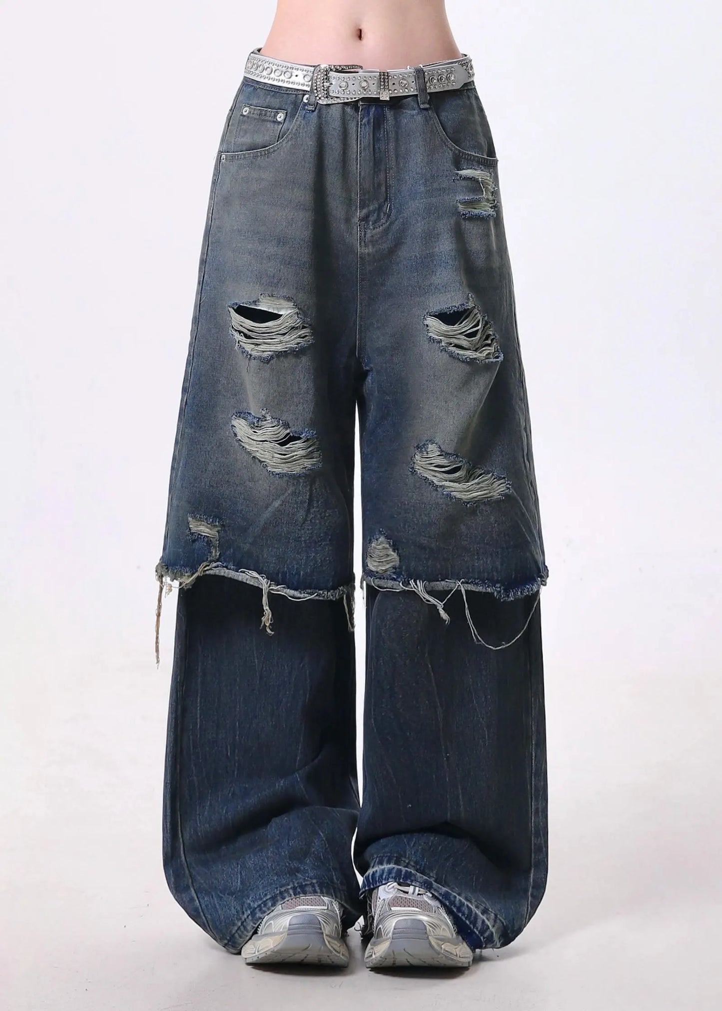 Blue False Two Pieces Patchwork Ripped Denim Pants Spring