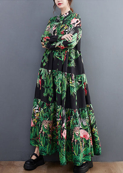 Green Oversized Patchwork Exra Large Hem Cotton Holiday Dress Spring