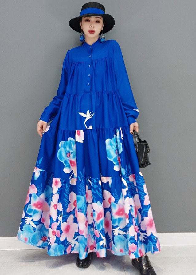 Modern Blue Stand Collar Print Exra Large Hem Cotton a Line Dress Long Sleeve