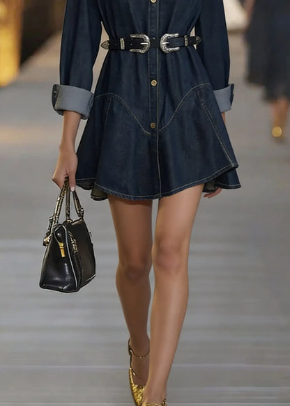 Slim Fit Navy Peter Pan Collar Sashes Denim Mid Dress