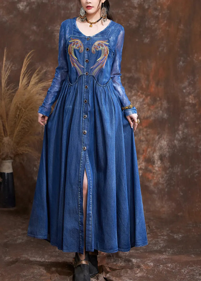 Navy O-neck Embroidered Button Robe Denim Dresses Spring