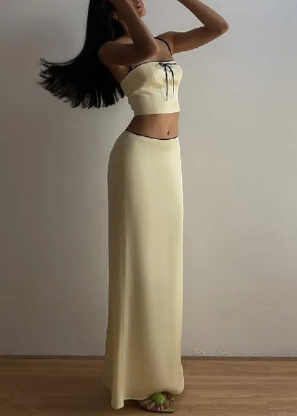 Yellow Bow Spaghetti Strap Tank and Skirts Silk Two Pieces Set Sleeveless
